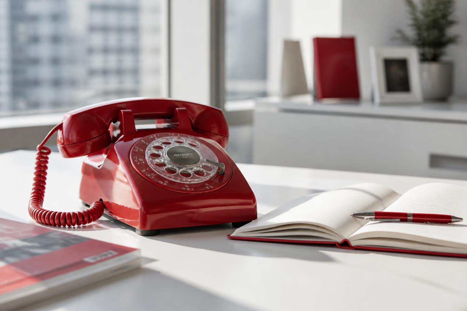 Rotes Telefon auf einem Schreibtisch